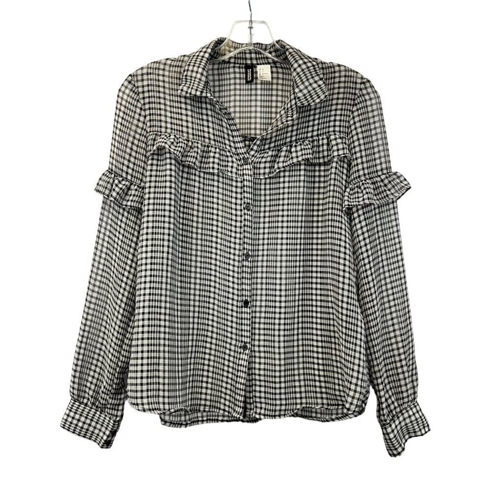 H&M Womens Long Sleeve Button Down Sheer Blouse Black/Gray Plaid Sz 4 Ruffles